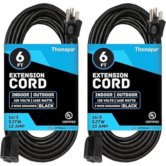 13 Amp Outdoor Extension Cord 6 ft,2 Pack, 16/3 SJTW 6 Foot Black Extension Cord - Picture 7 of 7